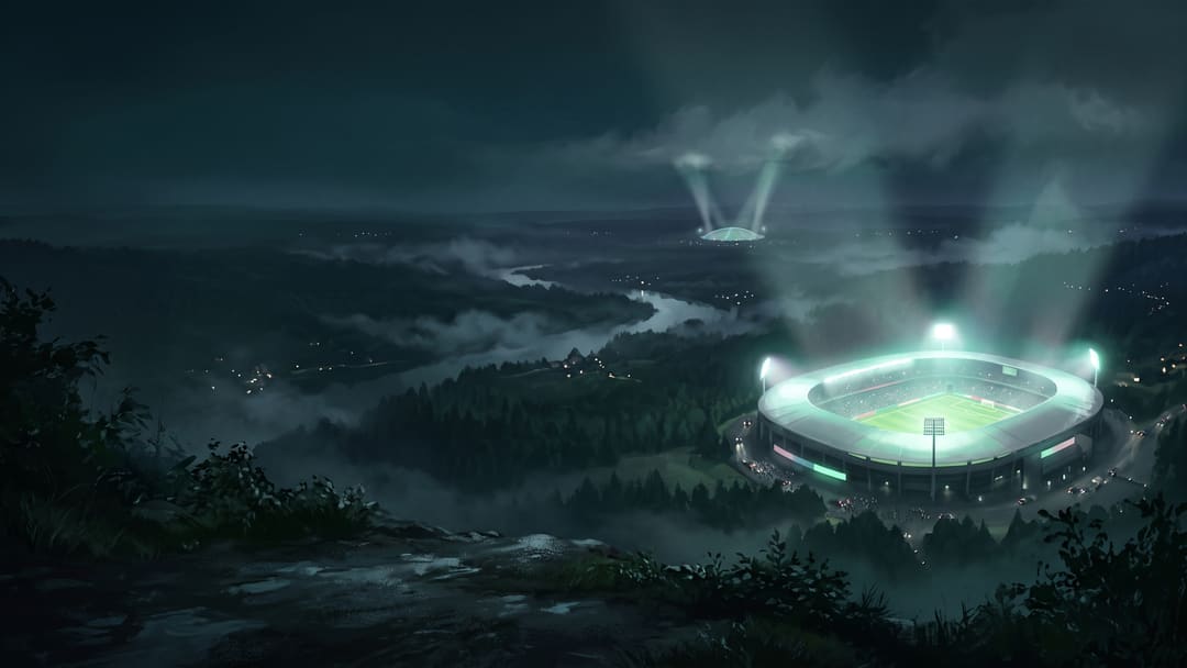Ilustrație: două stadioane luminate peste o vale întunecată, noaptea