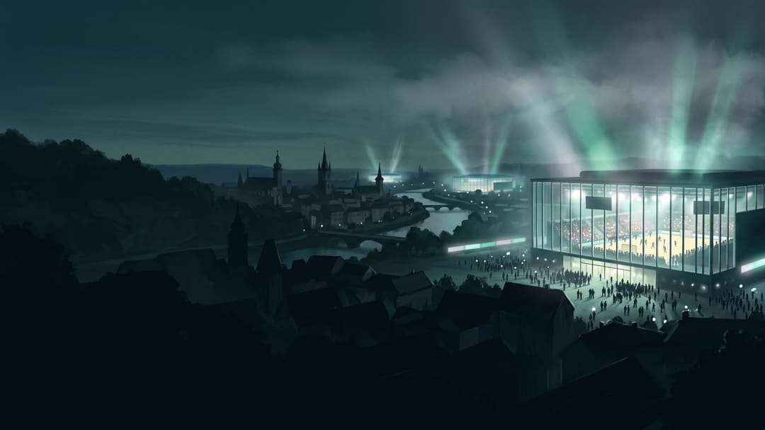 Ilustracija: tri osvijetljene dvorane za rukomet iznad grada u sumrak