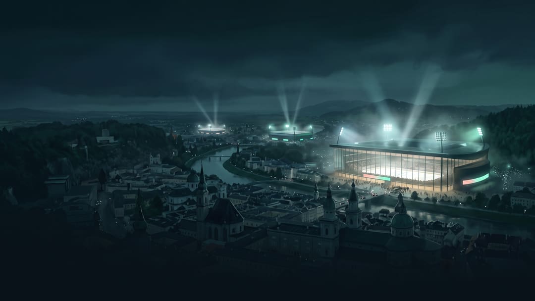 Ilustrace: tři osvětlené hokejové haly zářící nad městem za soumraku