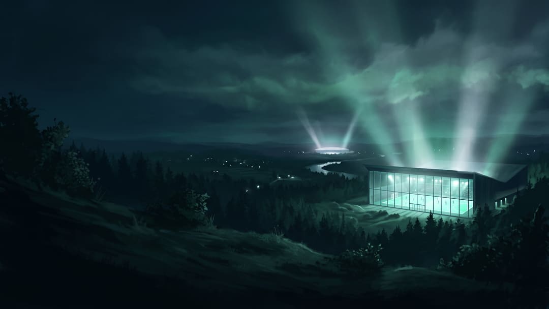 Ilustracja: dwie oświetlone hale piłki ręcznej rozświetlają dolinę nocą