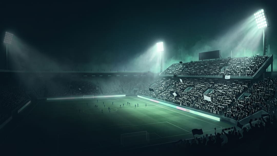 Illustration: a packed floodlit football stadium at night before kick-off, fans holding scarves in black and white