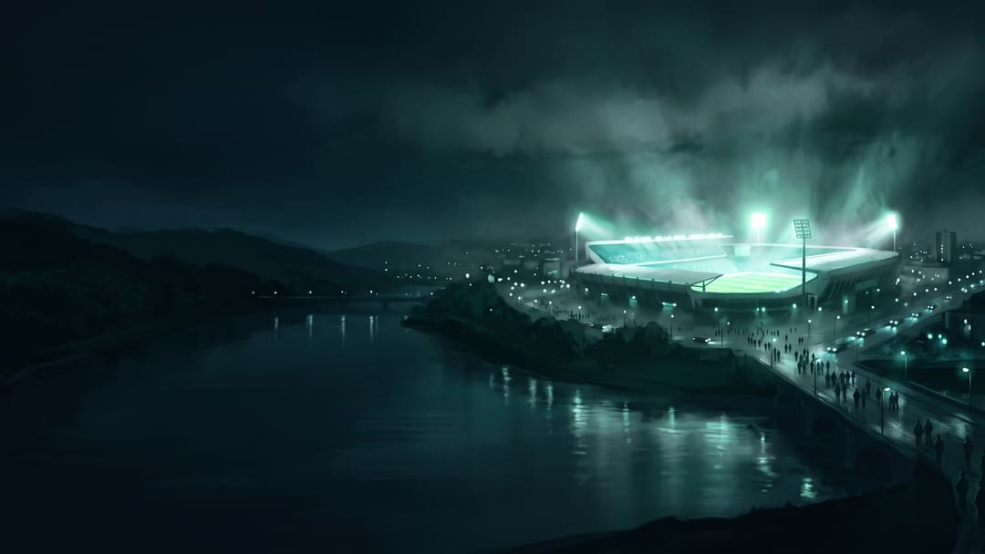 Ilustrácia: osvetlený futbalový štadión v noci pohárového zápasu