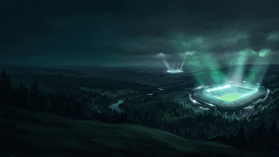 Illustration: two floodlit stadiums glowing across a dark valley at night