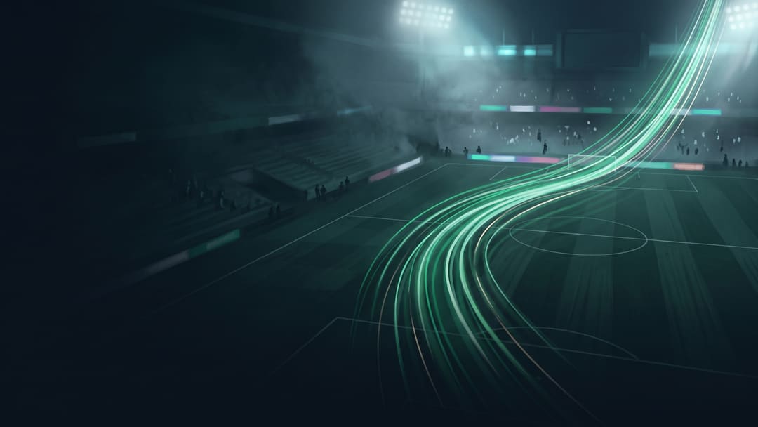 Illustration: green light trails climbing across a dark football pitch at night