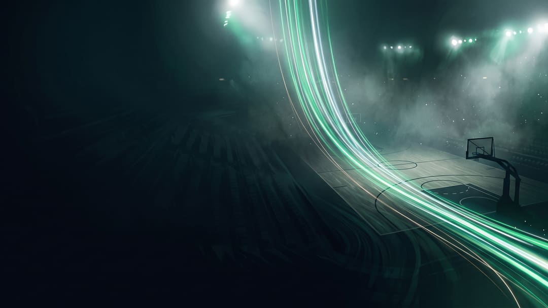 Illustration: green light trails falling across a dark basketball court