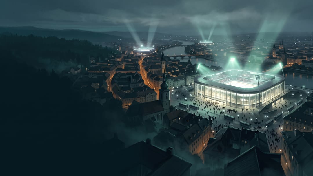 Illustration: three floodlit ice hockey arenas glowing over a city at dusk