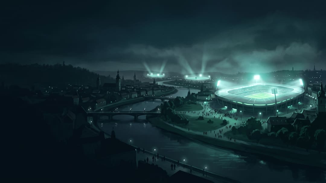 Ilustracija: tri osvetljena fudbalska stadiona iznad grada u sumrak