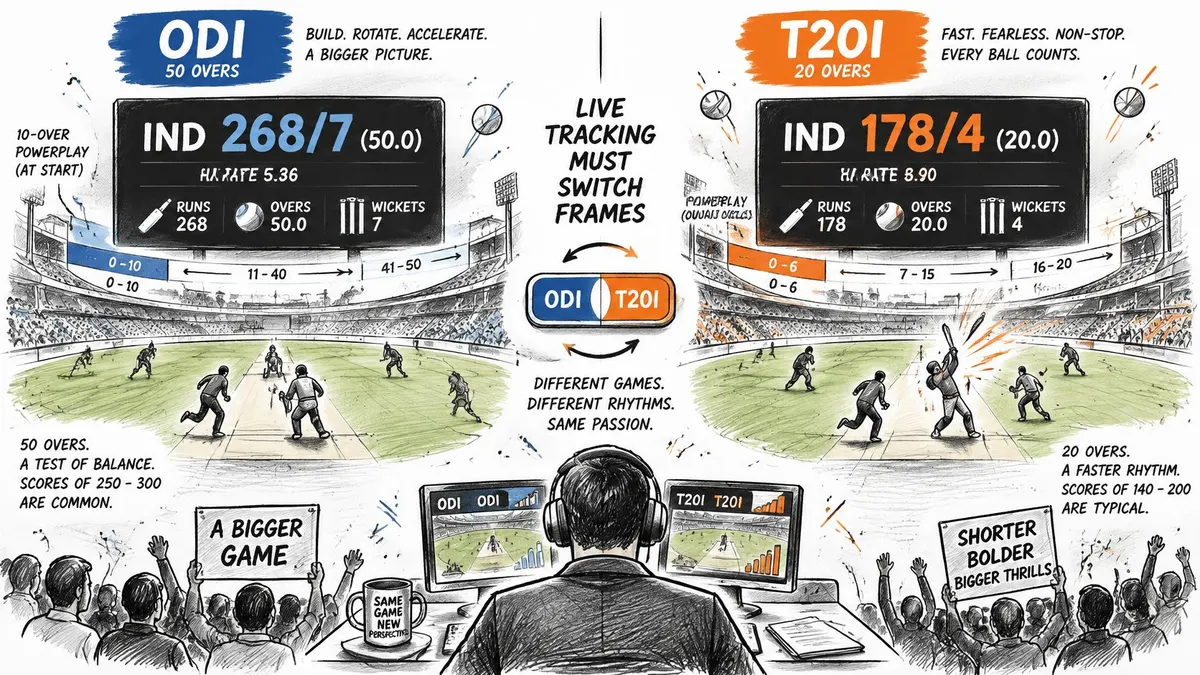 A hand-drawn comparison showing the structural differences between cricket ODI and T20I match formats.