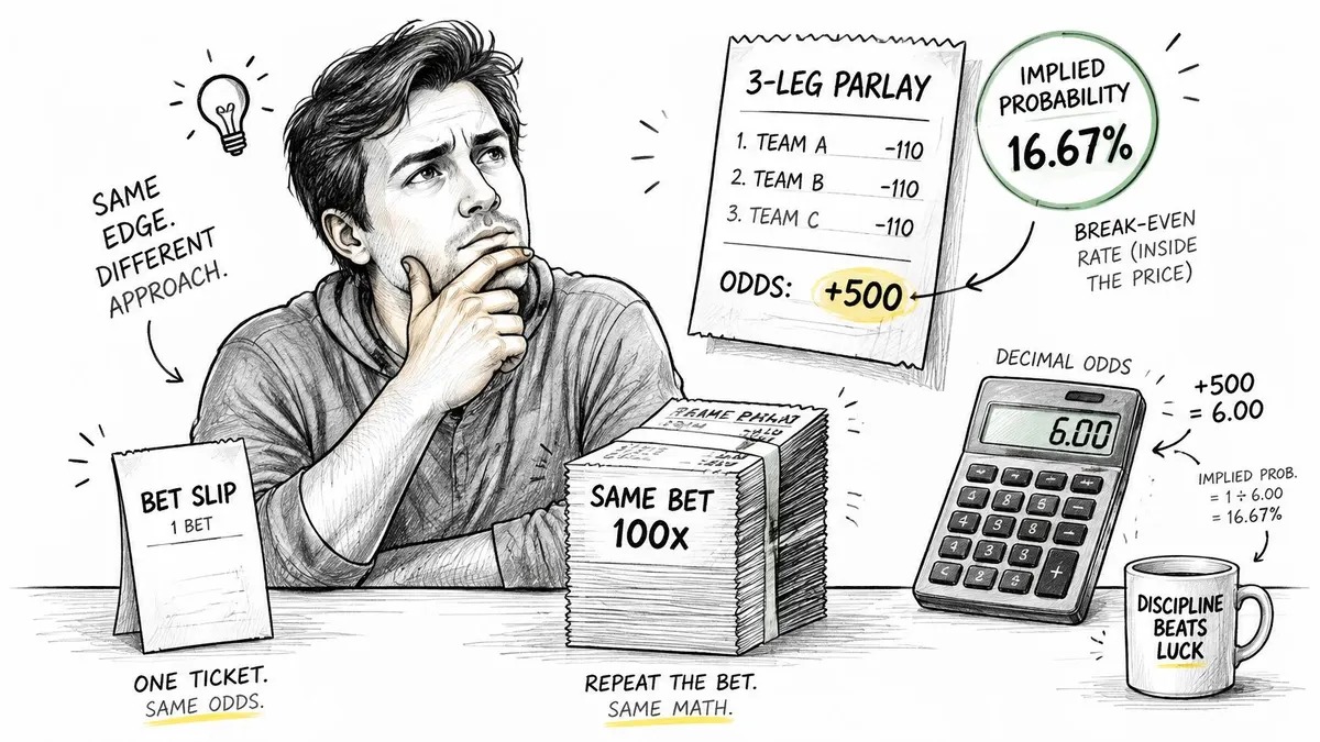 A hand-drawn illustration depicting a man considering betting odds, a parlay slip, and the math behind betting.