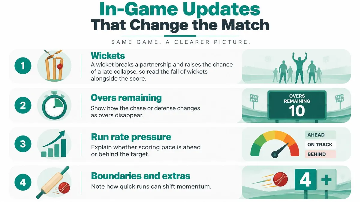 An infographic showing four key in-game cricket updates like wickets, overs remaining, run rate pressure, and boundaries.
