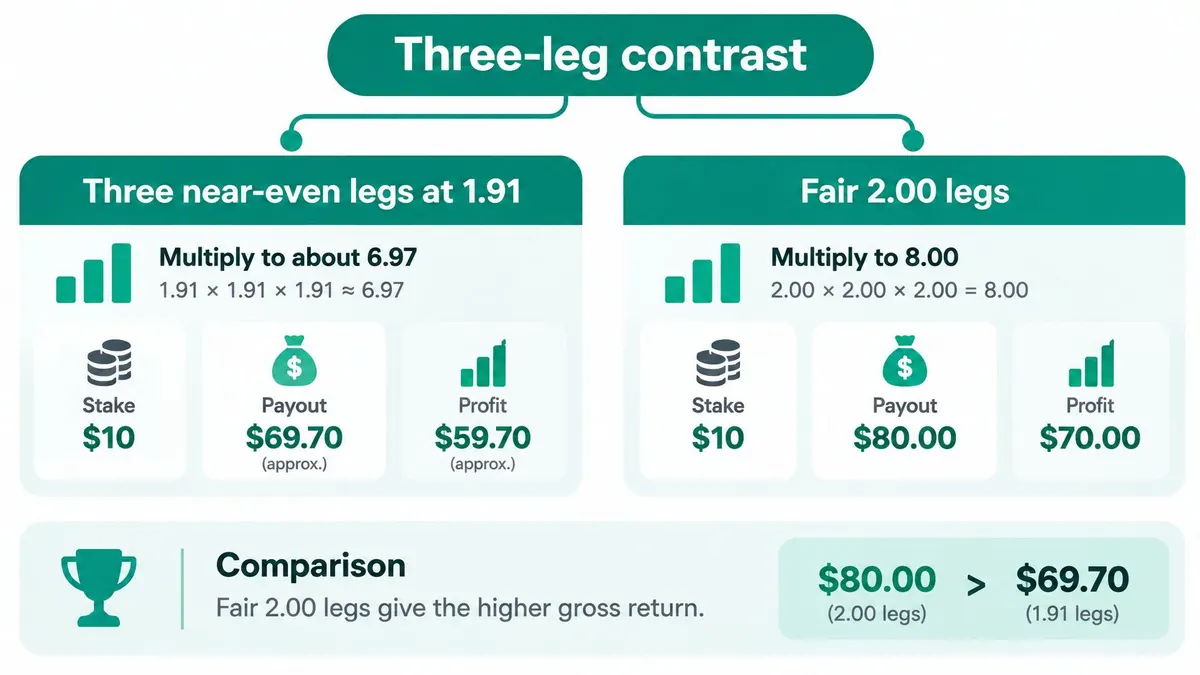 A comparison chart demonstrating the difference in payouts between three-leg parlays at 1.91 odds versus 2.00 odds.