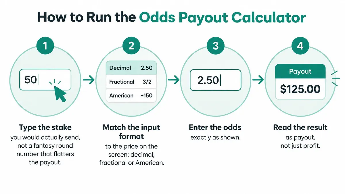 A four-step infographic explaining how to use an odds payout calculator with simple visual instructions.